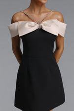 Load image into Gallery viewer, Zore Elegant Tailored Off Shoulder Rhinestone Bow Woven Mini Dress