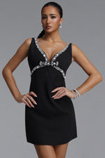 Load image into Gallery viewer, Davina Elegant Tailored V Neck Sleeveless Rhinestone Woven Mini Dress	