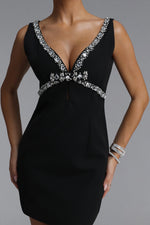 Load image into Gallery viewer, Davina Elegant Tailored V Neck Sleeveless Rhinestone Woven Mini Dress	