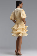 Load image into Gallery viewer, Fagra Resort Flowy Puff Sleeve Ruffle Shimmer Satin Mini Dress