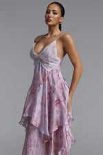 Load image into Gallery viewer, Yuni Resort Flowy Spaghetti Strap Lace Trimmed Asymmetric Ruffle Woven Maxi Dress	