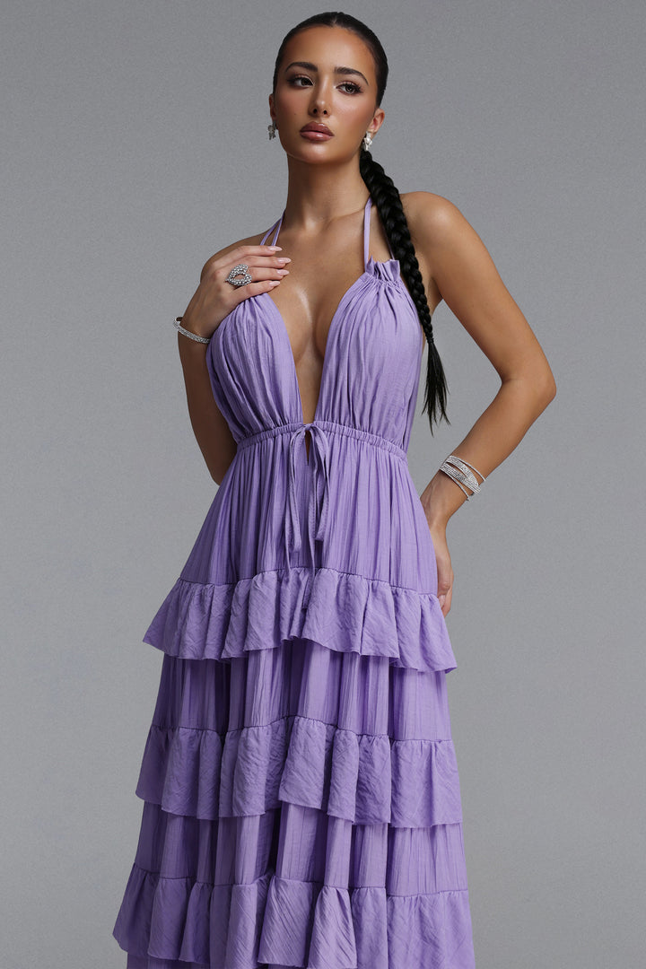 Lliana Resort Flowy V Neck Sleeveless Ruffle Woven Maxi Dress	