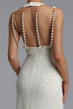 Load image into Gallery viewer, Dilara Elegant Slim Sleeveless Cutout Shoulder All Over Pearl Mesh Mermaid Maxi Evening Dress