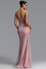 Load image into Gallery viewer, Encho Elegant Waist-Cinching Thin Strap V-Neck Off-Shoulder Tassel Lace Floral Mesh Bodycon Mermaid Maxi Evening Dress