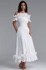 Charger l'image dans la visionneuse de la Galerie, Suku Elegant Flowy Off Shoulder Ruched White Maxi Dress