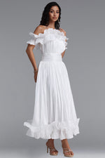 Charger l'image dans la visionneuse de la Galerie, Suku Elegant Flowy Off Shoulder Ruched White Maxi Dress