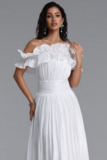 Charger l'image dans la visionneuse de la Galerie, Suku Elegant Flowy Off Shoulder Ruched White Maxi Dress