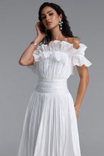 Charger l'image dans la visionneuse de la Galerie, Suku Elegant Flowy Off Shoulder Ruched White Maxi Dress