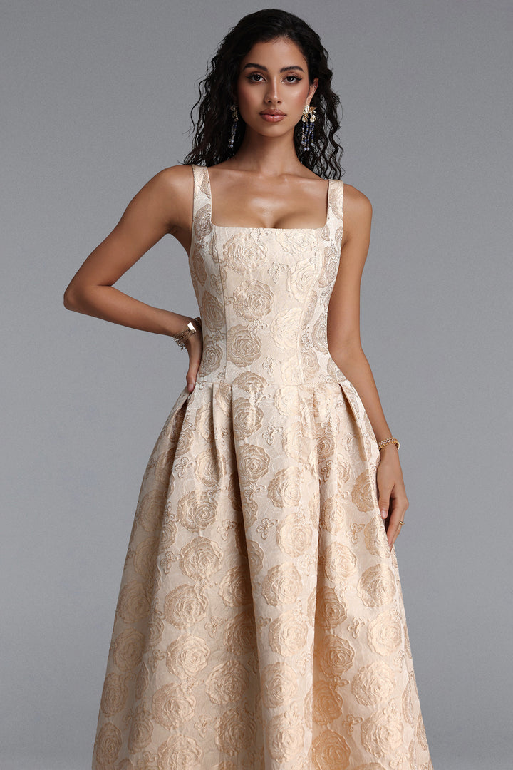 Rahel Classic Tailored Square Neck Floral Jacquard Woven Maxi Dress