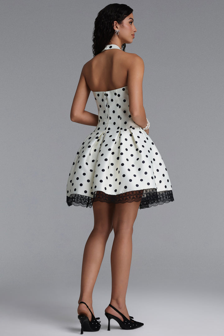 Rizza Classic Tailored Square Neck Lace Trimmed Polka DotWoven Mini Dress