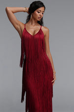 Lade Bild in die Galerieansicht, Alex Classic Contour V Neck Layered Fringe Bandage Red Maxi Dress