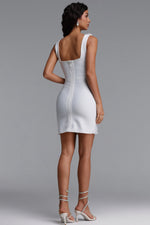 Load image into Gallery viewer, Krome Elegant Fitted Square Neck Floral Pearl Embellished Bandage White Mini Dress
