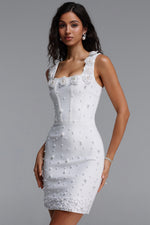 Load image into Gallery viewer, Krome Elegant Fitted Square Neck Floral Pearl Embellished Bandage White Mini Dress