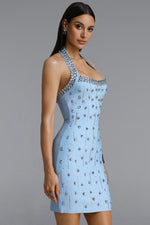 Load image into Gallery viewer, Manik Glamorous Contour Halter Rhinestone Blue Blue Bandage Mini Dress