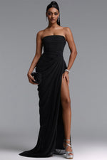 Load image into Gallery viewer, Tazeda Elegant Contour Strapless Ruched Mesh Black Maxi Dress