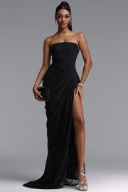 Tazeda Elegant Contour Strapless Ruched Mesh Black Maxi Dress