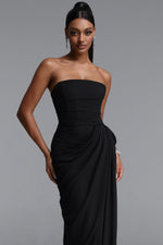 Load image into Gallery viewer, Tazeda Elegant Contour Strapless Ruched Mesh Black Maxi Dress