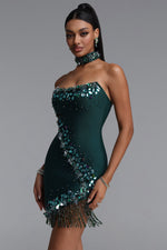 Load image into Gallery viewer, Ock Exquisite Fitted Sequin Rhinestone Beaded Fringe Mini Bandage Dress