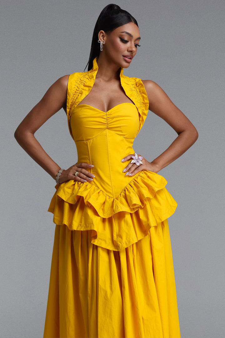 Shea Elegant Waist-Cinched Halter Neck Ruffled Maxi Dress