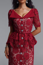 Load image into Gallery viewer, Quinn Elegant Cinched Short Sleeve Floral Lace Red Maxi Dress