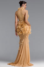 Load image into Gallery viewer, Rayna Elegant Contour High Neck Floral Mesh Beige Maxi Dress