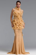 Load image into Gallery viewer, Rayna Elegant Contour High Neck Floral Mesh Beige Maxi Dress