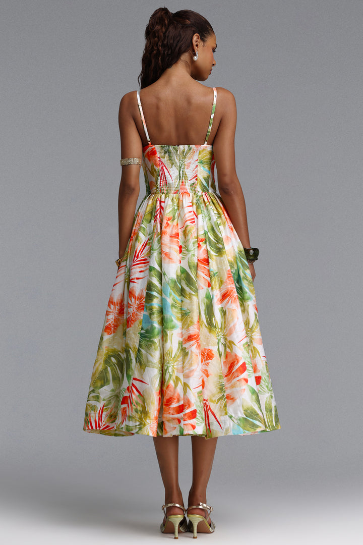 Kamaria Romantic Cinched V Neck Spaghetti Strap Ruched Floral Print Woven Maxi Dress