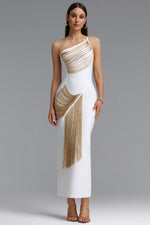 Charger l'image dans la visionneuse de la Galerie, Roanna One Shoulder Sleeveless Golden Tassels Bandage White Maxi Dress