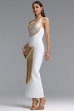 Charger l'image dans la visionneuse de la Galerie, Roanna One Shoulder Sleeveless Golden Tassels Bandage White Maxi Dress