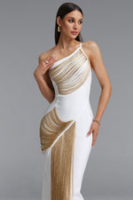 Charger l'image dans la visionneuse de la Galerie, Roanna One Shoulder Sleeveless Golden Tassels Bandage White Maxi Dress