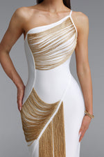 Charger l'image dans la visionneuse de la Galerie, Roanna One Shoulder Sleeveless Golden Tassels Bandage White Maxi Dress