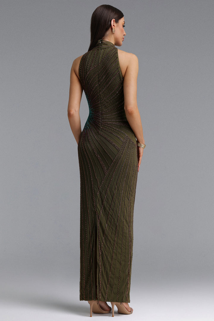 Lisbon Elegant Contour High Neck Beaded Embroidery Woven Maxi Dress