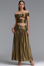 Load image into Gallery viewer, Elaina Sexy Contour Metallic Decor Off Shoulder Top Draped Ruched Midi Skirt Two Piece Set