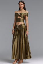 Load image into Gallery viewer, Elaina Sexy Contour Metallic Decor Off Shoulder Top Draped Ruched Midi Skirt Two Piece Set