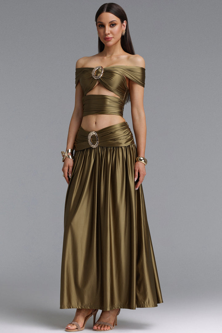 Elaina Sexy Contour Metallic Decor Off Shoulder Top Draped Ruched Midi Skirt Two Piece Set