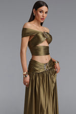 Load image into Gallery viewer, Elaina Sexy Contour Metallic Decor Off Shoulder Top Draped Ruched Midi Skirt Two Piece Set