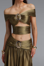 Load image into Gallery viewer, Elaina Sexy Contour Metallic Decor Off Shoulder Top Draped Ruched Midi Skirt Two Piece Set