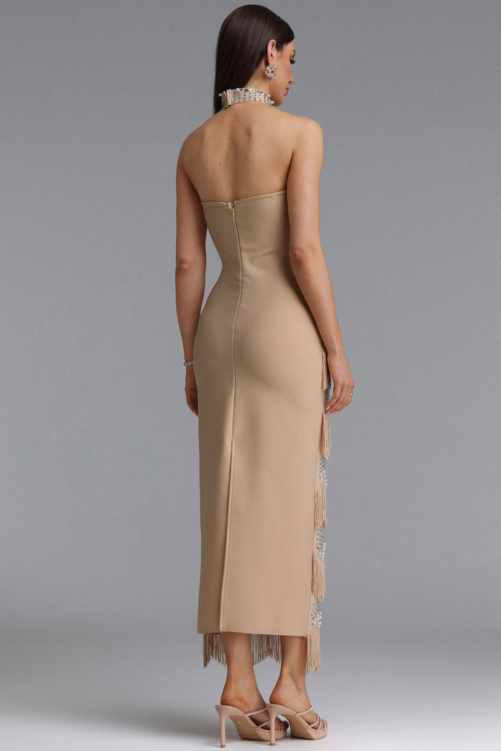 Pelze Glamorous Contour Strapless Tassel Rhinestone Bandage Maxi Dress