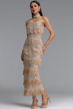 Load image into Gallery viewer, Pelze Glamorous Contour Strapless Tassel Rhinestone Bandage Maxi Dress