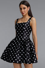 Charger l'image dans la visionneuse de la Galerie, Simone Classic Tailored Square Neck Polka Dot Woven Black Mini Dress