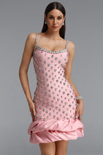 Charger l'image dans la visionneuse de la Galerie, Francina Exquisite Contour Camisole Rhinestone Ruffle Pink Bandage Mini Dress