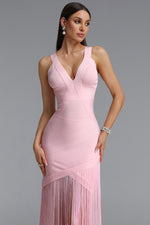 Load image into Gallery viewer, Emma Chic Contour V Neck Sleeveless Fringe Pink Bandage Maxi Dress