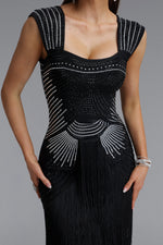 Load image into Gallery viewer, Hatice Square Neck Rhinestone Fringe Black Bandage Maxi Dress