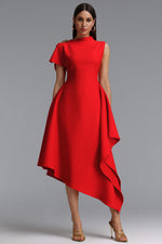 Load image into Gallery viewer, Weren Elegant Contour High Neck Asymmetric Red Maxi Dress