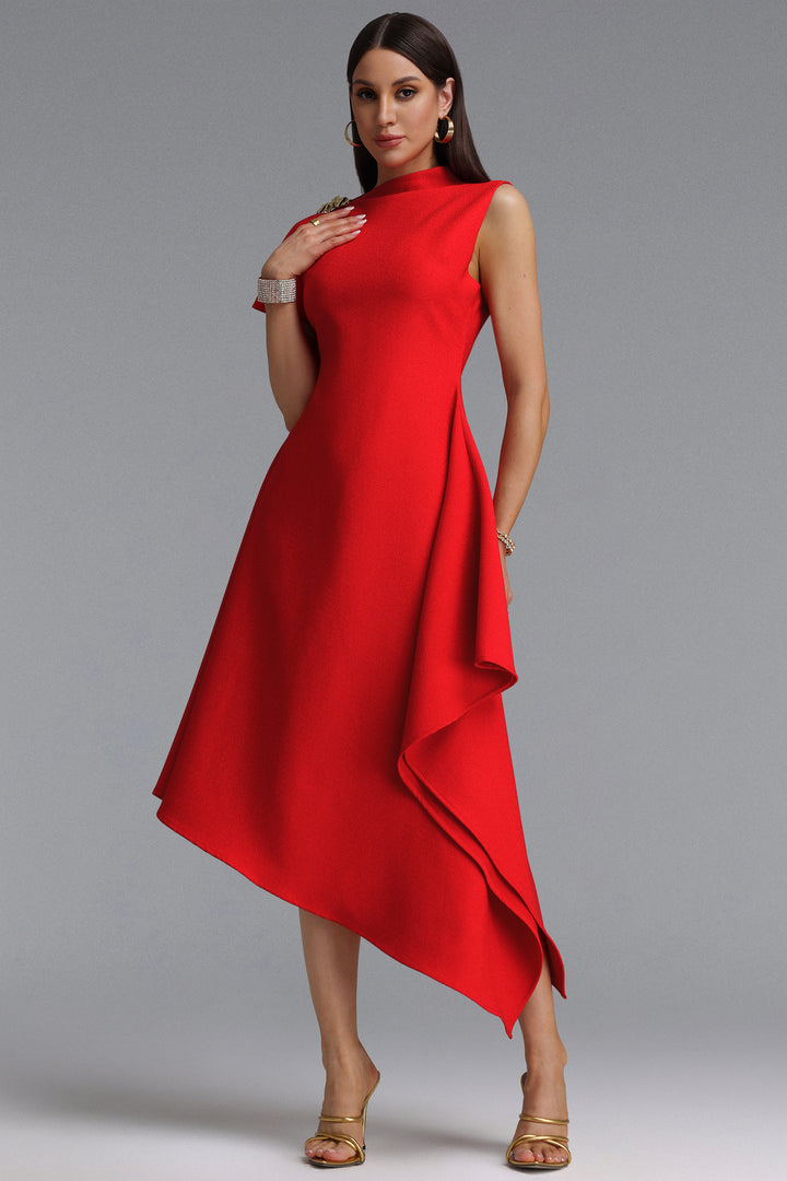 Weren Elegant Contour High Neck Asymmetric Red Maxi Dress