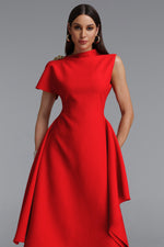 Load image into Gallery viewer, Weren Elegant Contour High Neck Asymmetric Red Maxi Dress