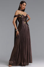 Load image into Gallery viewer, Sebastian Elegant Cinched Waist One Shoulder Sash Ruched Metallic Decor Woven Maxi Dress