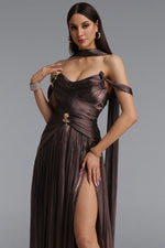 Load image into Gallery viewer, Sebastian Elegant Cinched Waist One Shoulder Sash Ruched Metallic Decor Woven Maxi Dress