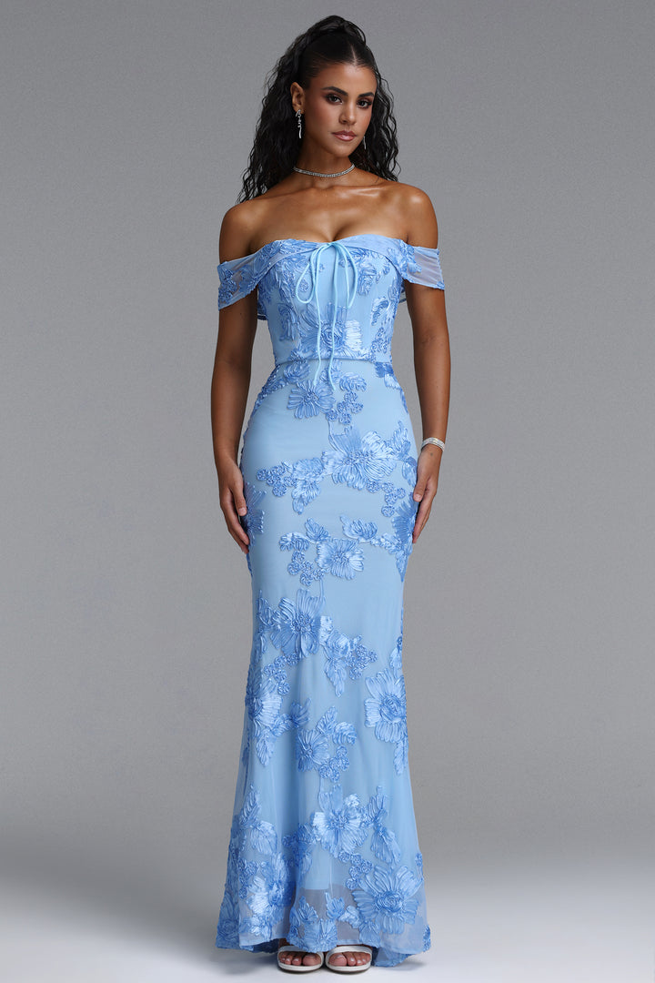 Soraya Romantic Elegant Off The Shoulder Bow Floral Flowy Maxi Dress