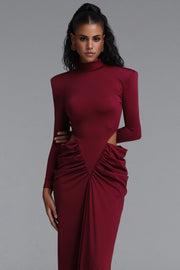 Elliott Luxury High Neck Padded Shoulder Cut Out Ruched Maxi Dress